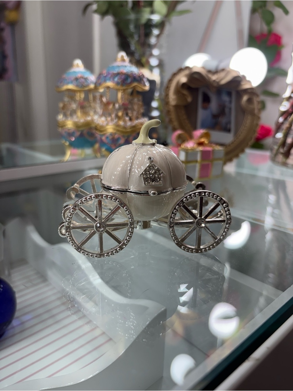 White Decorative Pumpkin Carriage Jewelry Box - Elegant Home Holiday Accent